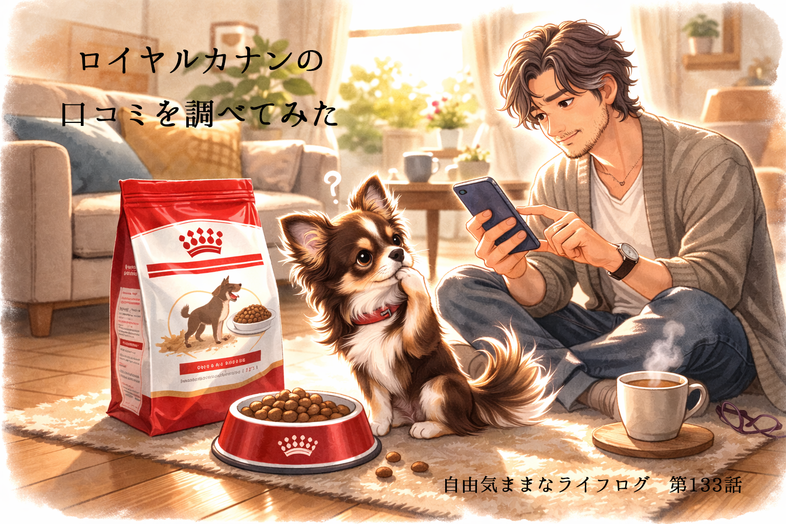 ロイヤルカナンのドッグフードとチワワ、スマートフォンで口コミを調べている飼い主を描いたイラスト