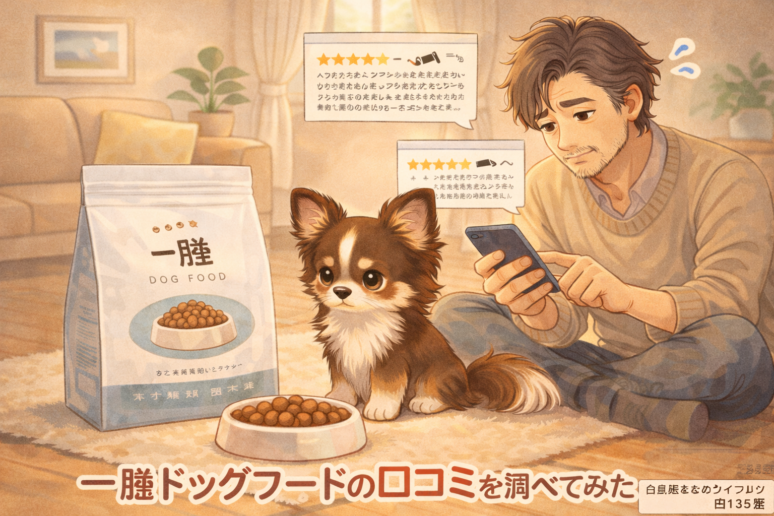 一膳ドッグフードの口コミを調べながらフードを前に考えるチワワと飼い主のイラスト