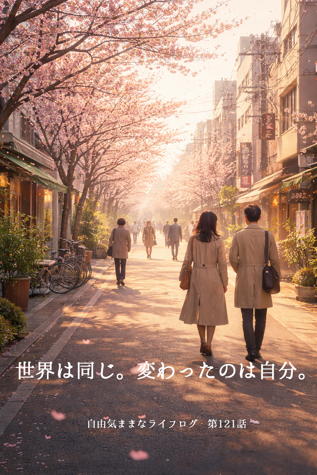 桜が咲く春の街並みを歩く男女の後ろ姿。世界は同じでも自分の視点が変わったことを象徴する穏やかな風景。