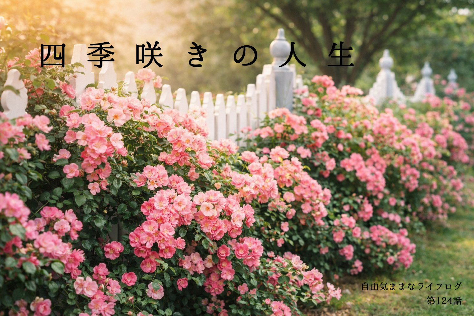 ピンクのフラワーカーペットローズ（アップルブロッサム）が庭いっぱいに咲く「四季咲きの人生」を象徴する風景