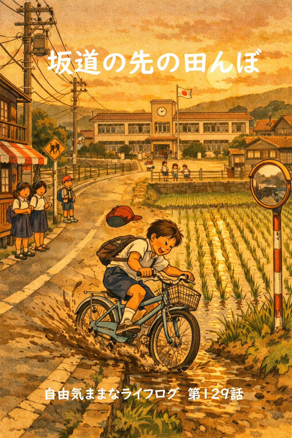 昭和の通学路で坂道を下った自転車の少年が田んぼに突っ込む様子を描いたイラスト