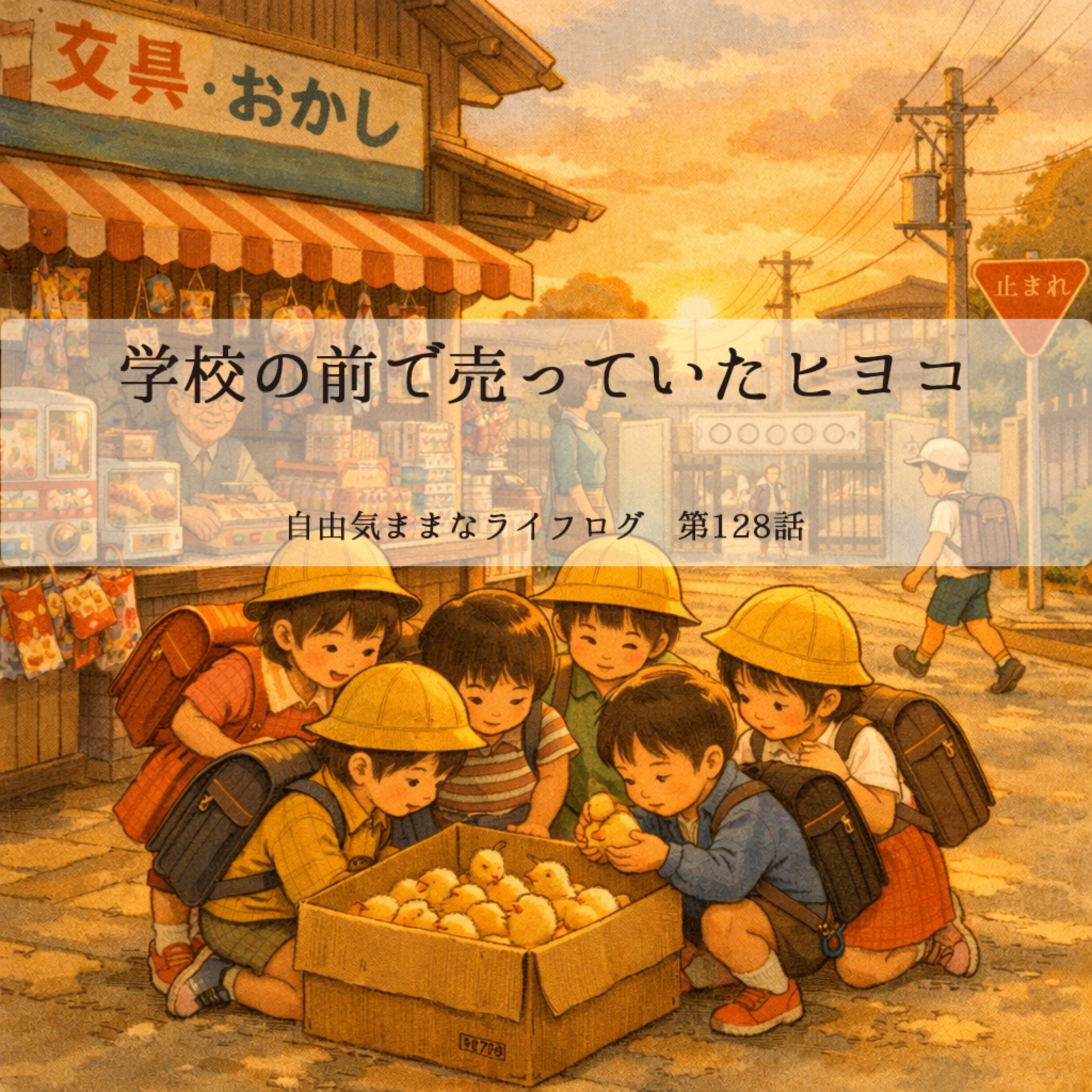 昭和の小学校前で子どもたちが段ボール箱のヒヨコを囲んでいる様子
