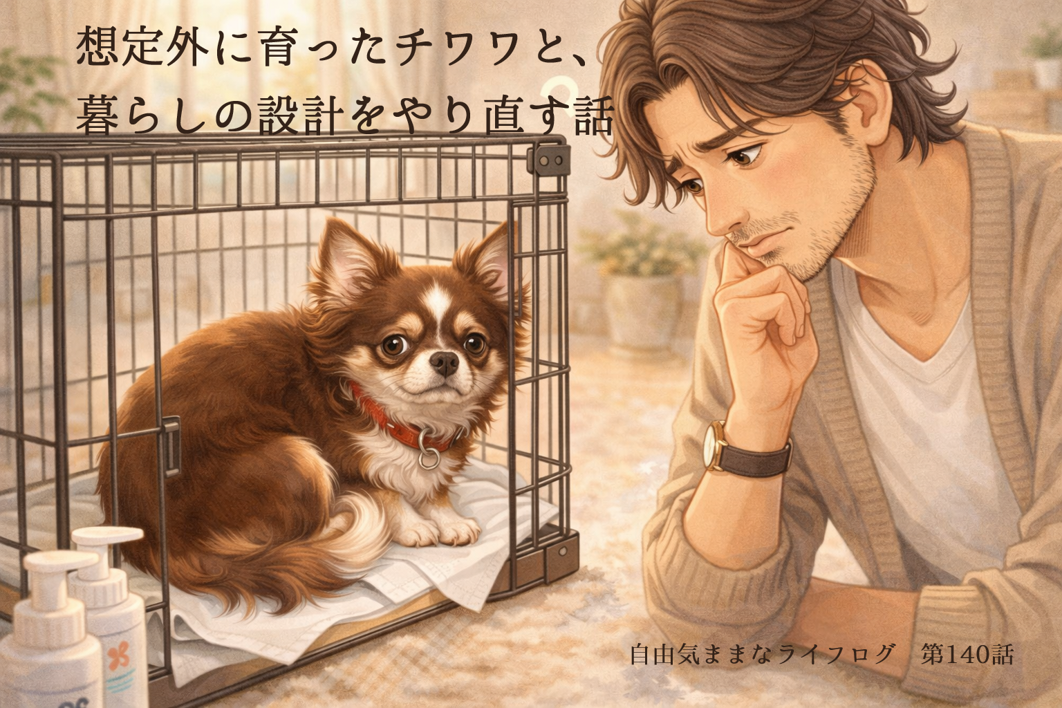 ケージの中のチワワを見ながら生活環境の見直しを考える飼い主の様子