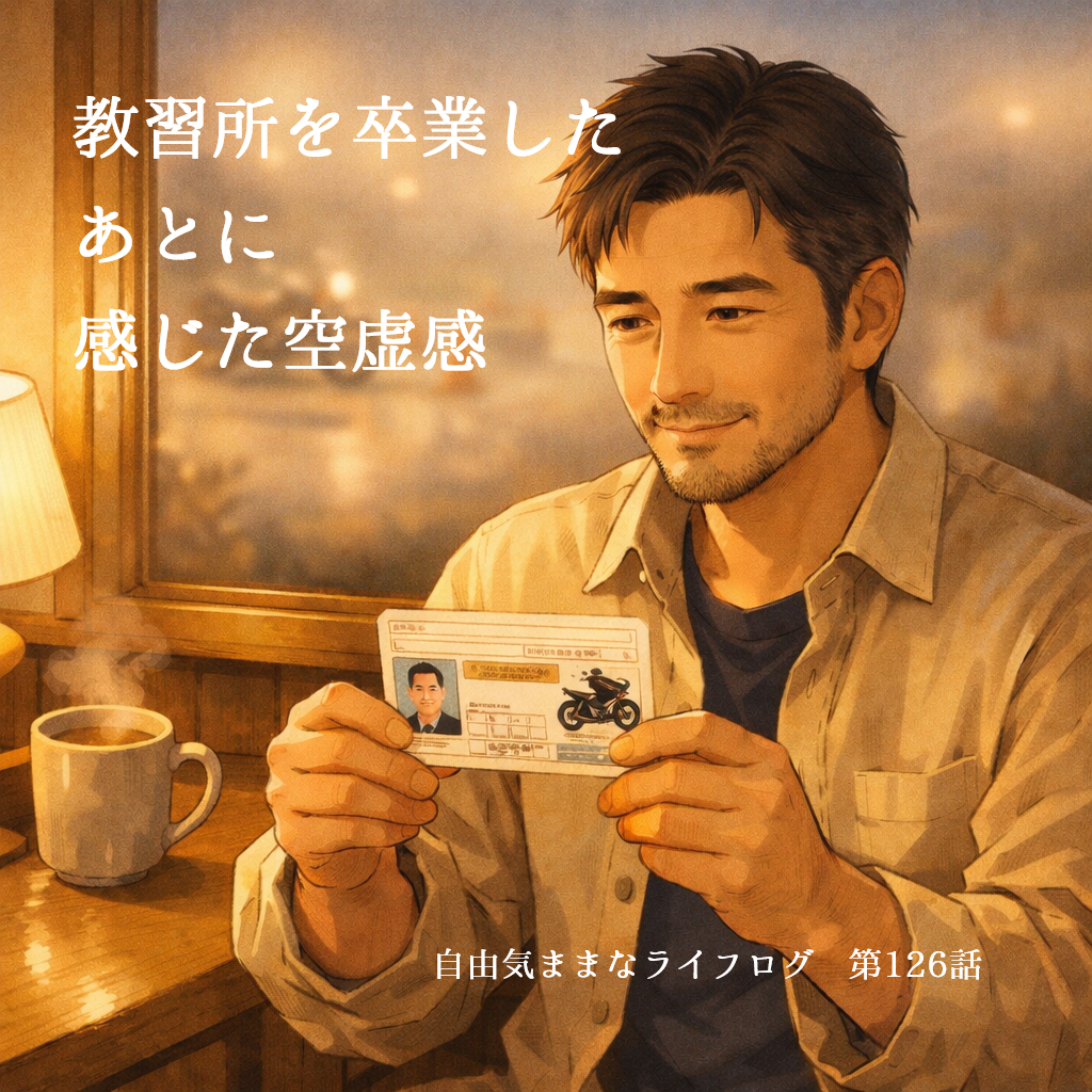 大型自動二輪免許を取得した男性が夜の部屋で免許証を見つめながら、教習所を卒業した後の空虚感を感じているイラスト