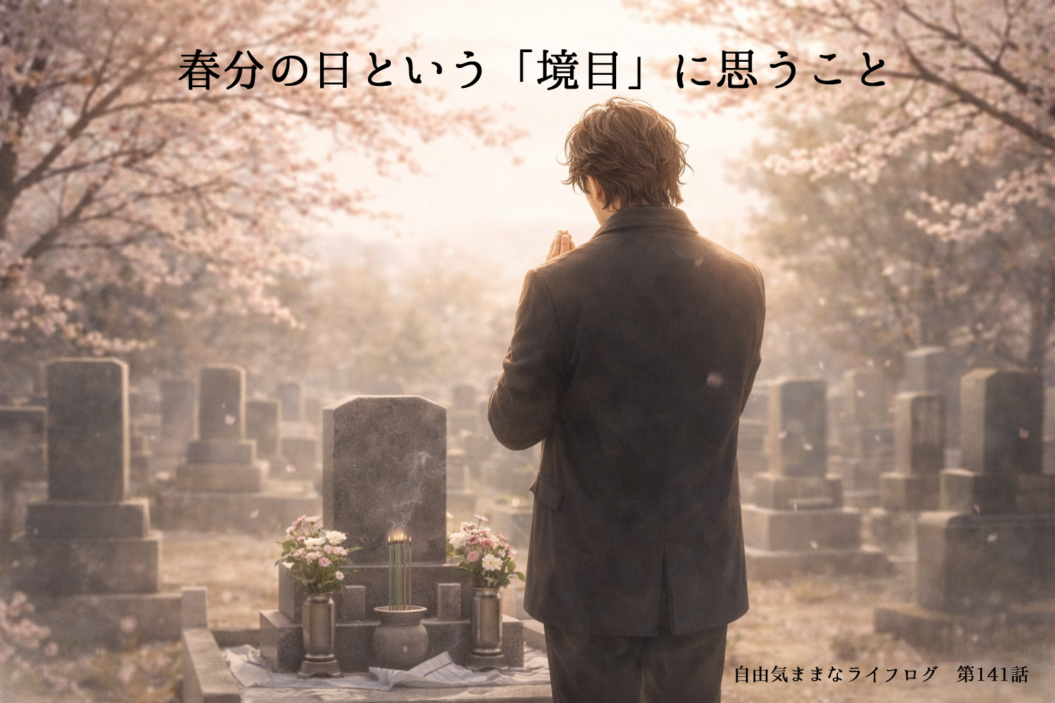 春分の日に墓参りをする男性の後ろ姿と桜の風景