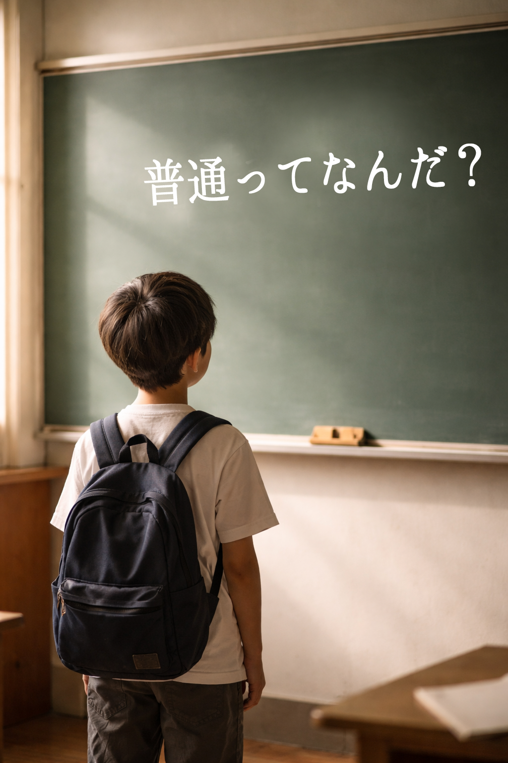 黒板に「普通ってなんだ？」と書かれた文字を見つめる少年の教室風景