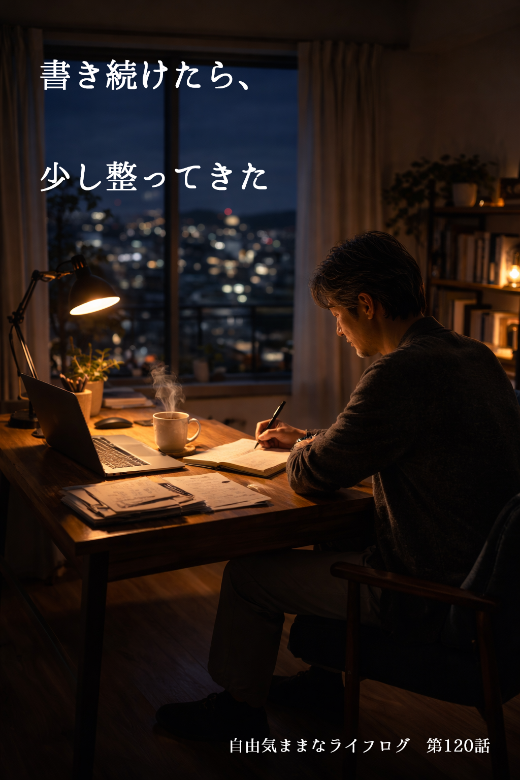 夜の書斎でノートに向かい続ける男性。120日間ブログを書き続けた節目を象徴する落ち着いたシーン。