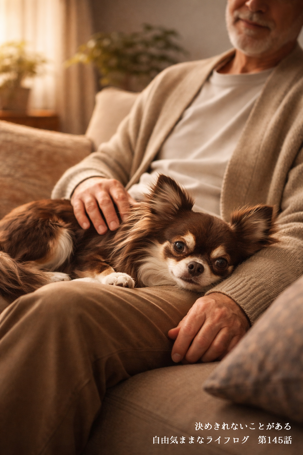 ソファでくつろぐ男性の膝の上で安心して横になる小型犬の穏やかな日常風景