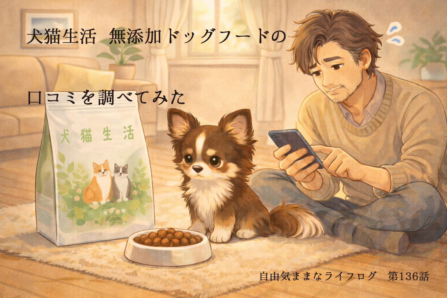 犬猫生活 無添加ドッグフードの口コミを調べながらフードを前に考えるチワワと飼い主のイラスト