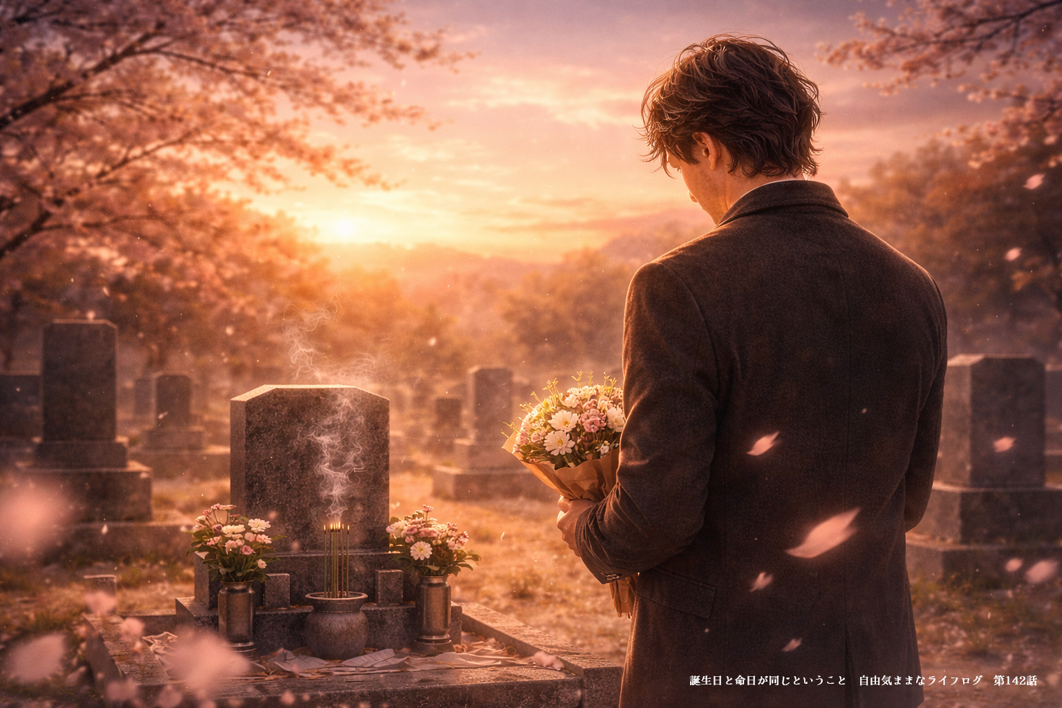 夕暮れの墓前で花束を持ち静かに佇む男性と桜の舞う風景