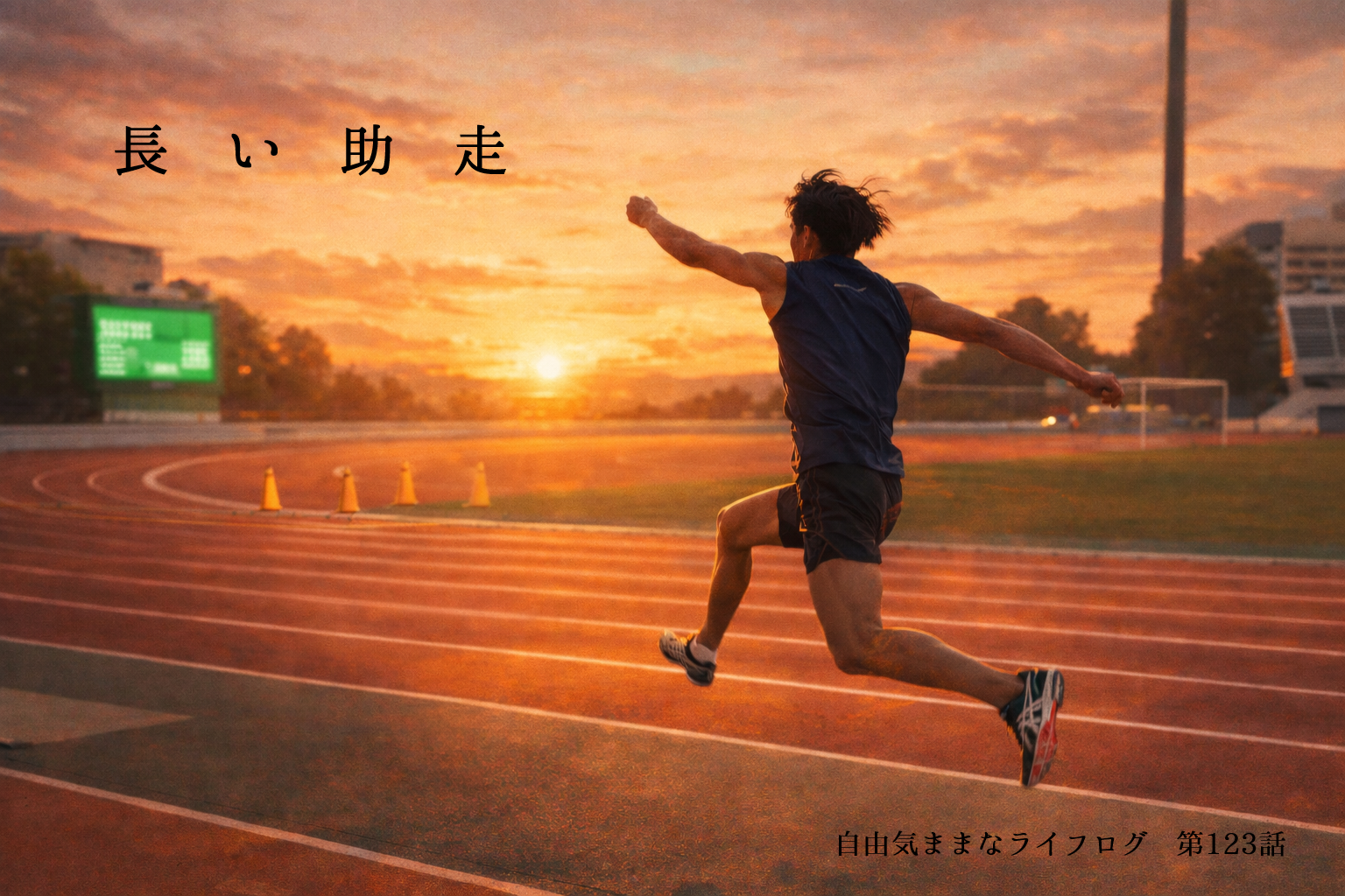 三段跳びのホップの瞬間を夕焼けのトラックで表現した「長い助走」を象徴するイメージ