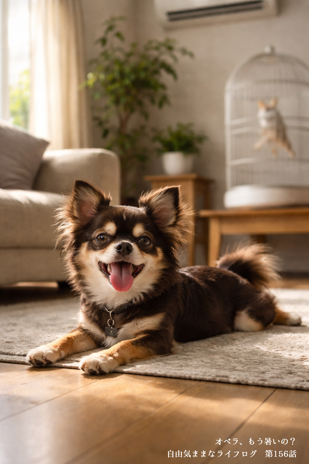 室内で舌を出してくつろぐチワワと背景の鳥かごのあるリビング風景