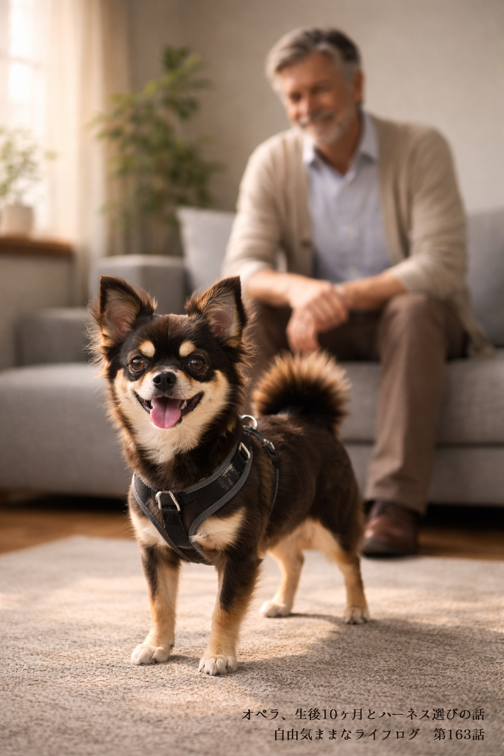 ハーネスを着けて元気に立つチワワと、後ろで見守る飼い主の室内風景