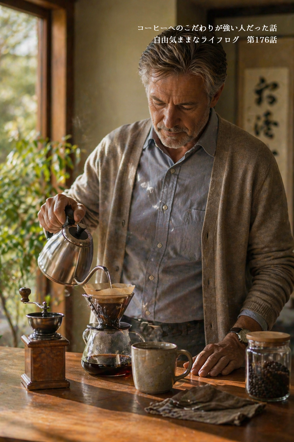 ハンドドリップでコーヒーを丁寧に淹れる男性の様子