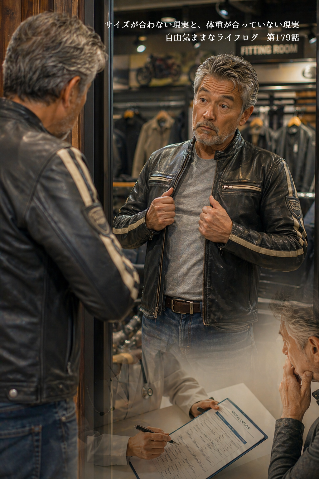 バイクショップでサイズが合わないジャケットに困る男性の様子