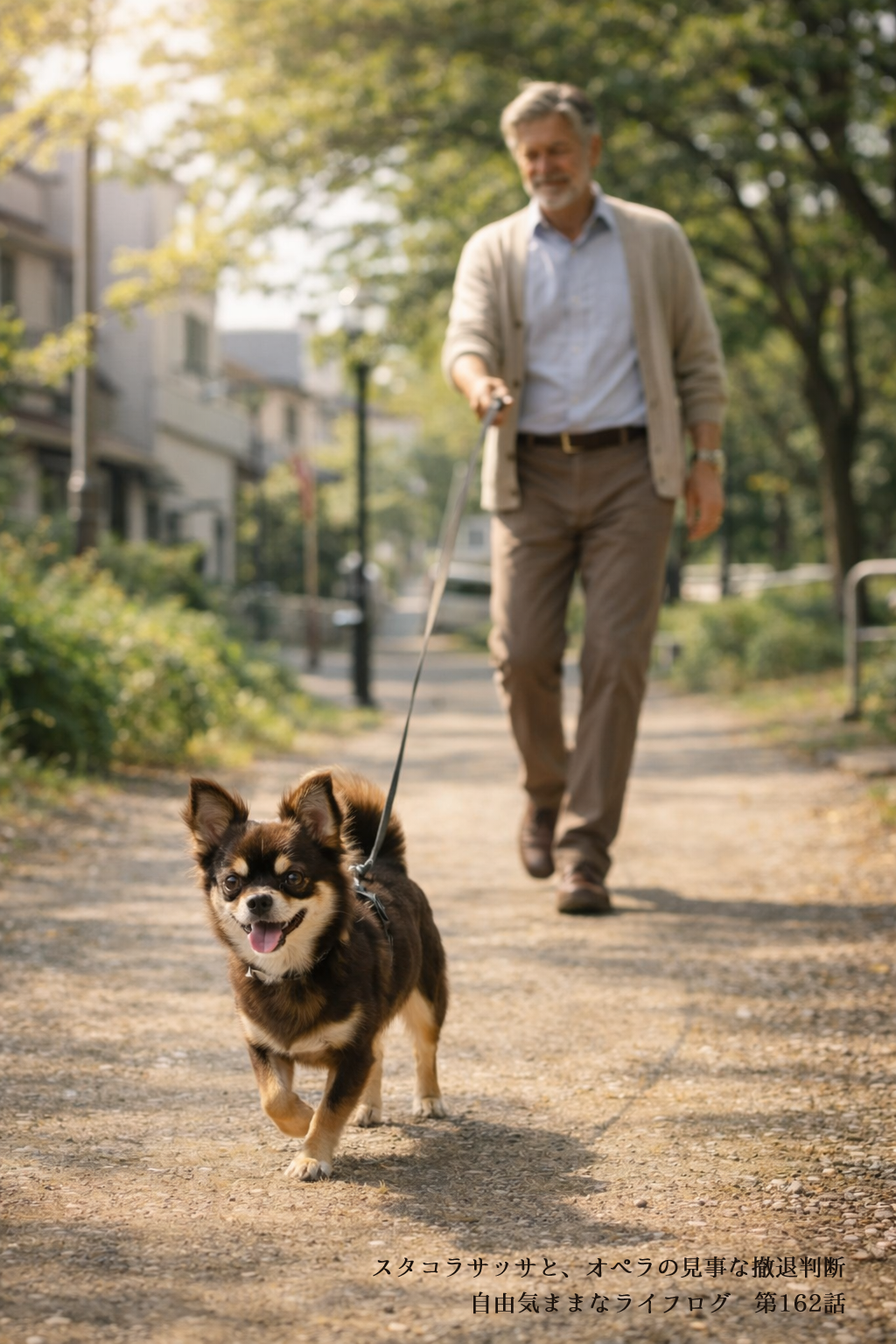 リードをつけて軽快に歩くチワワと、それを見守る飼い主の散歩風景