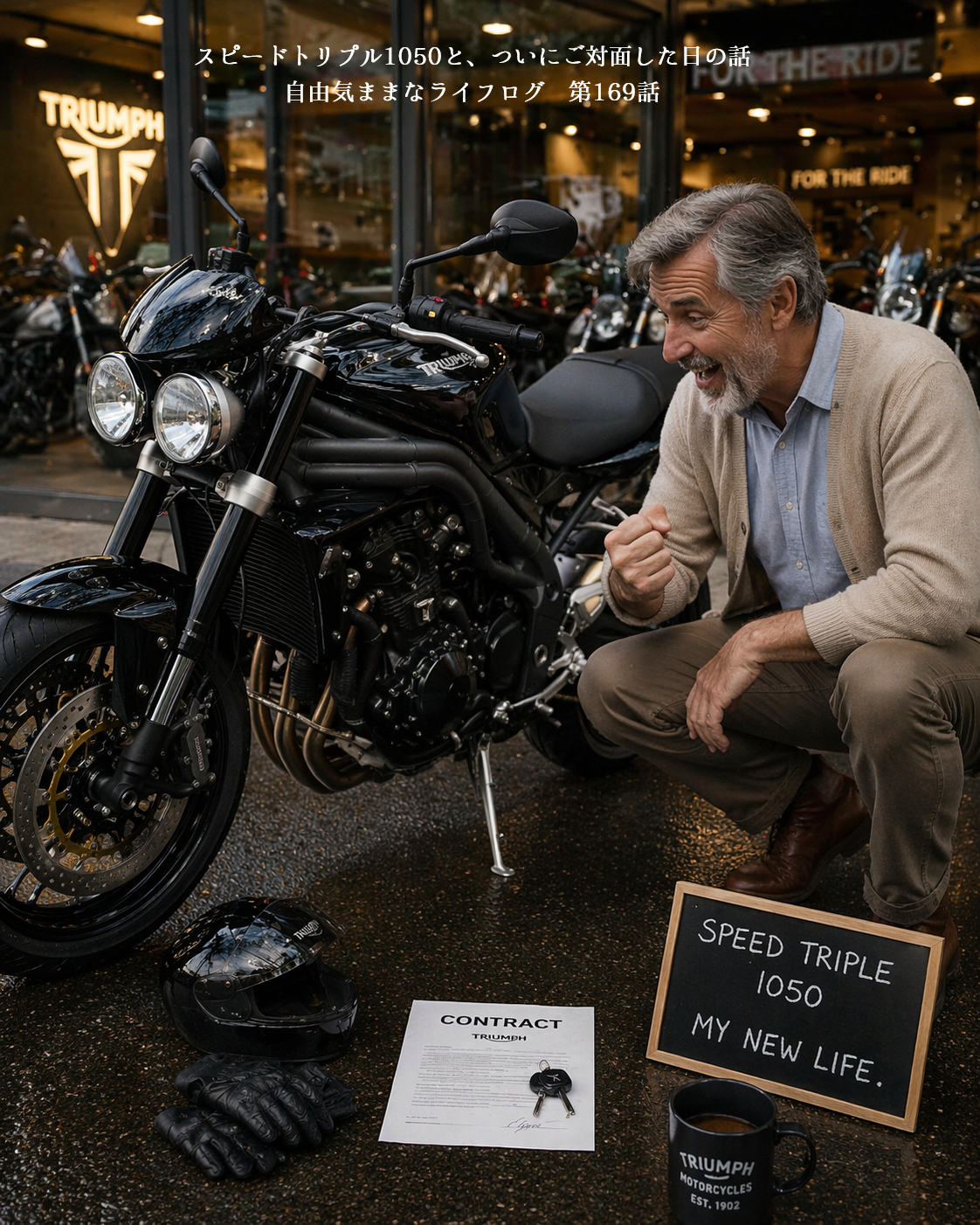 バイクショップでスピードトリプル1050と初対面し、興奮した様子の男性