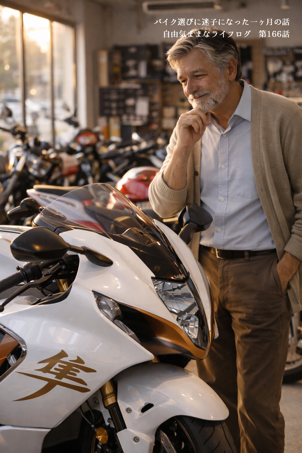 バイクショップで大型スポーツバイクを前に悩みながら選ぶ男性の様子