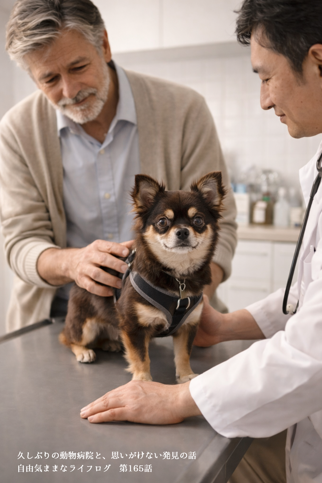 動物病院の診察台で獣医師と飼い主に見守られながら診察を受けるチワワのオペラ