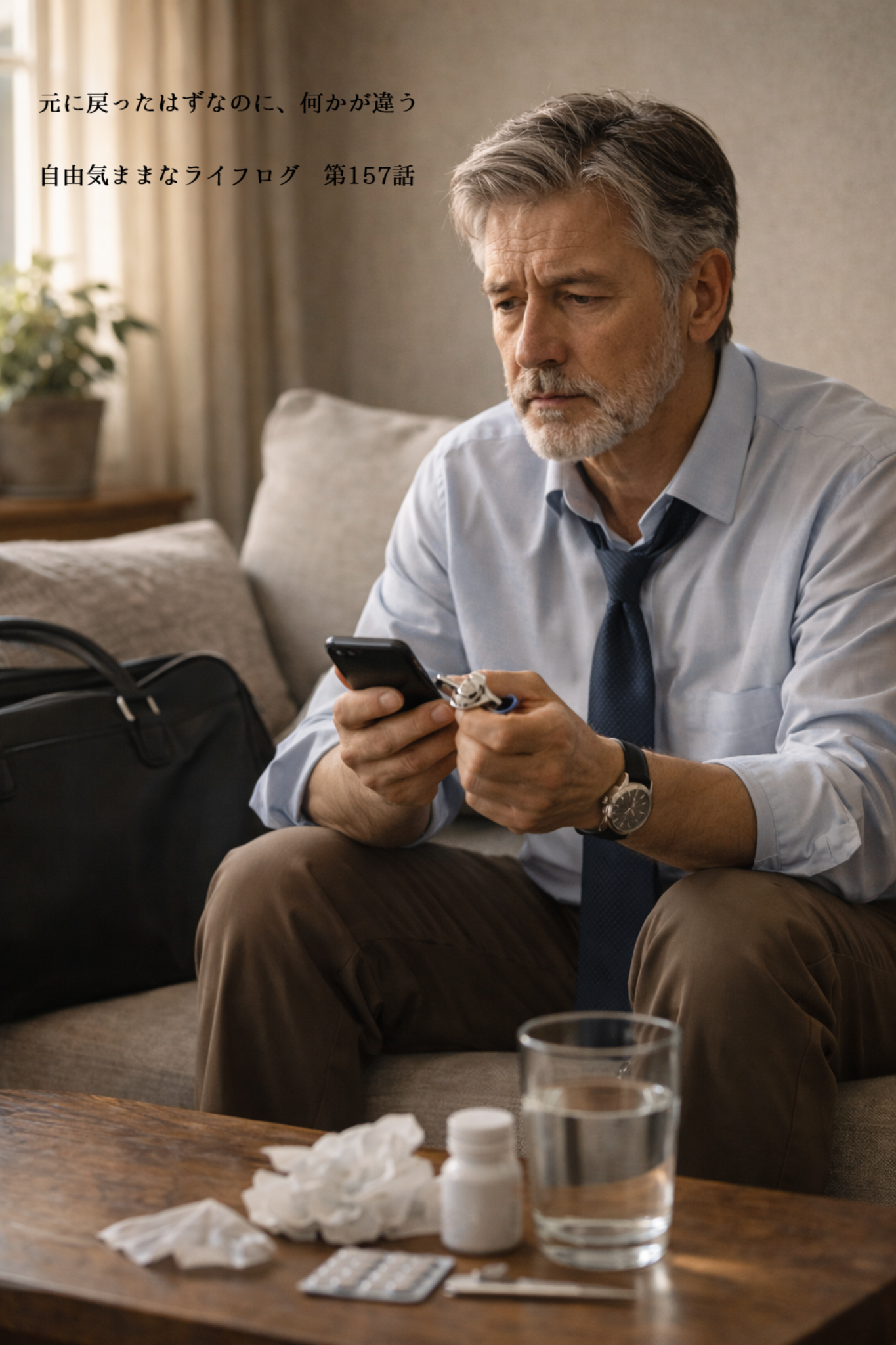 体調回復後に違和感を抱えながらスマートフォンを見る男性の室内シーン
