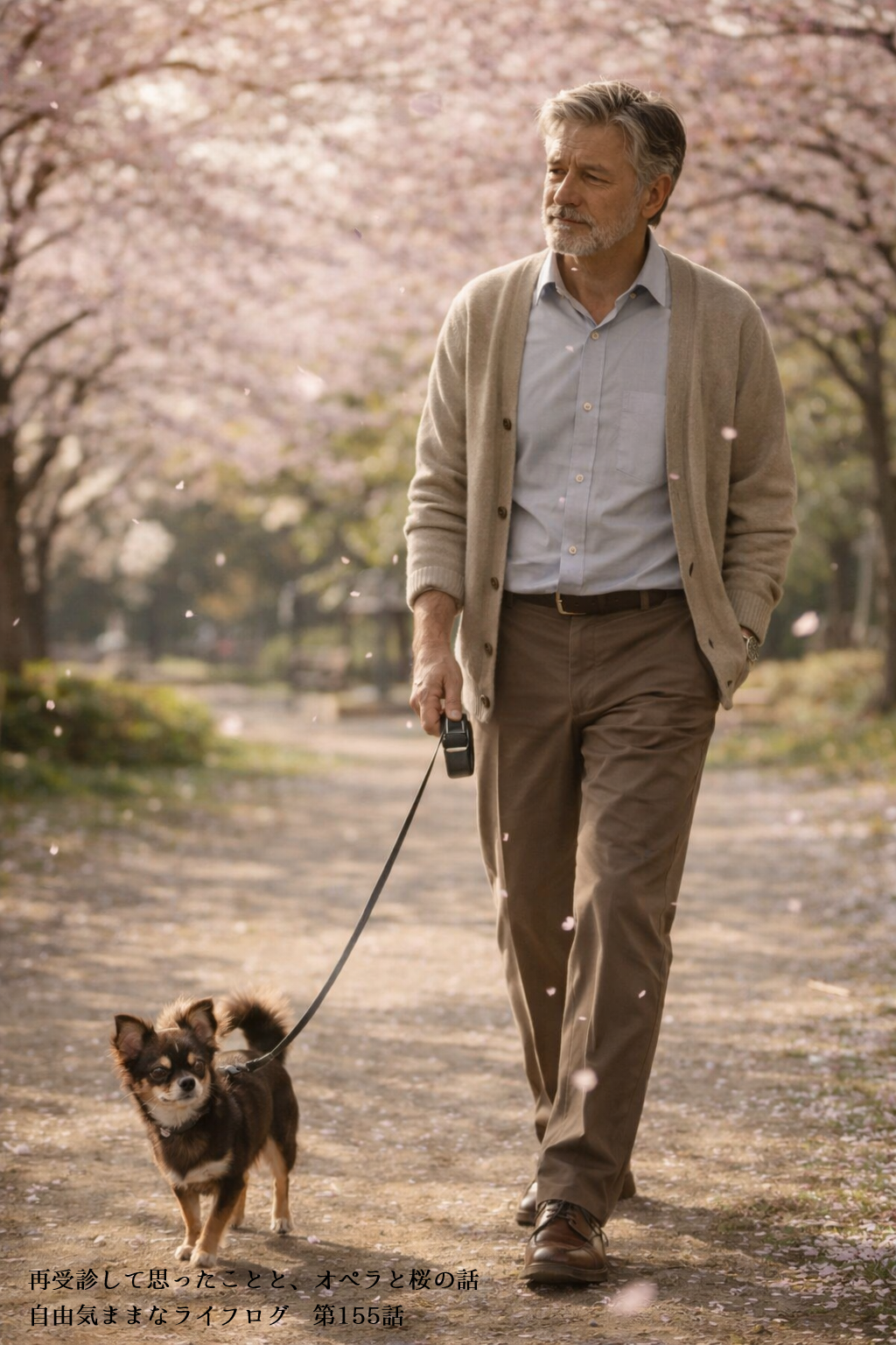 桜が舞う公園で小型犬と散歩する男性の春の風景