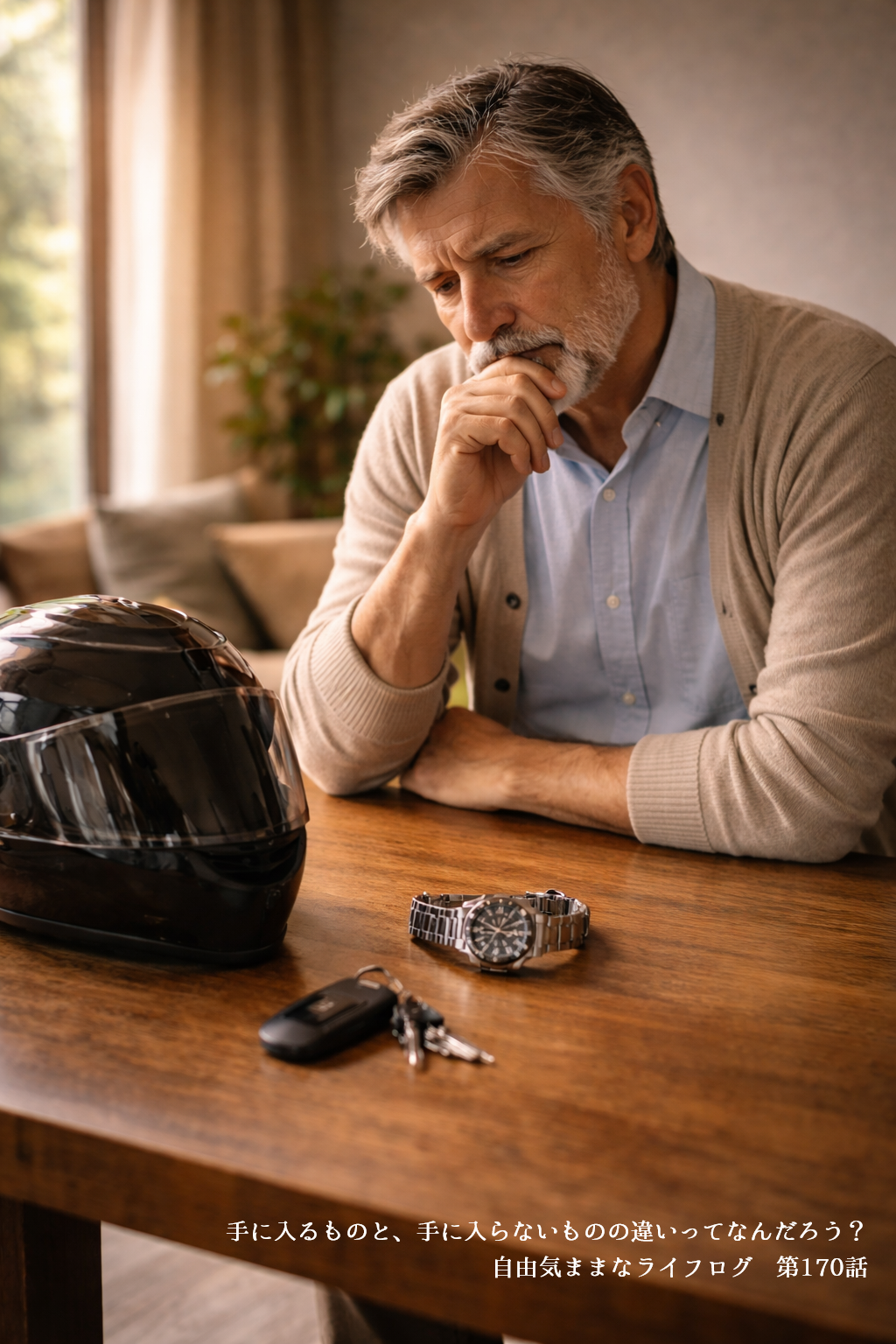 腕時計・車のキー・バイクのヘルメットを前に考え込む男性の様子