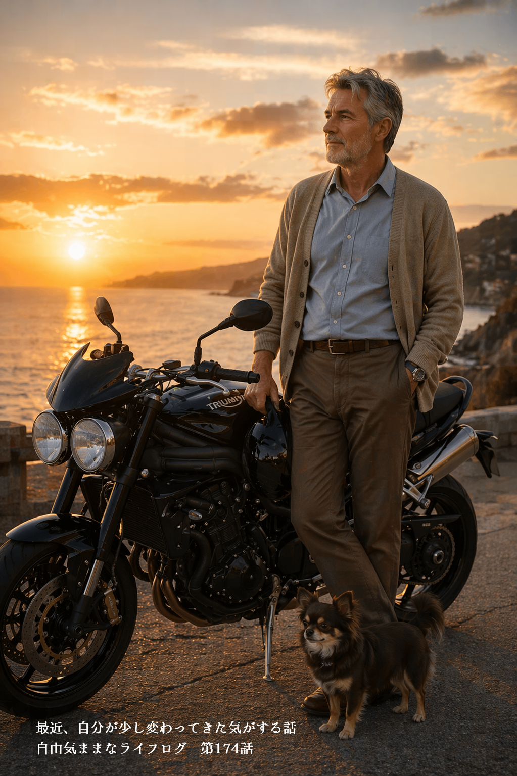 バイクのそばで犬と一緒に立ち、夕暮れの中で考え込む男性の姿