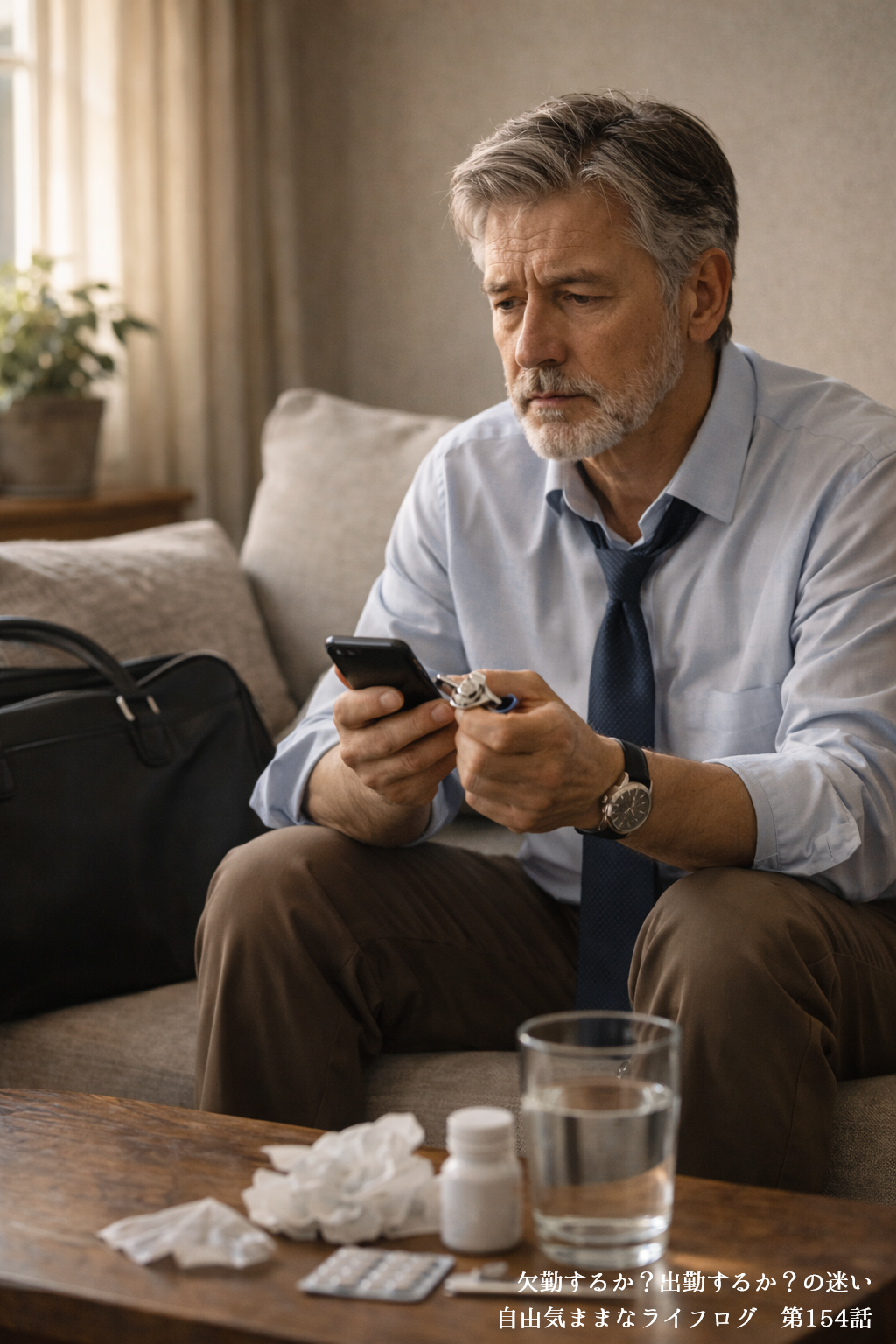 体調不良の中で出勤するか迷いながらスマートフォンを見る男性の室内の様子