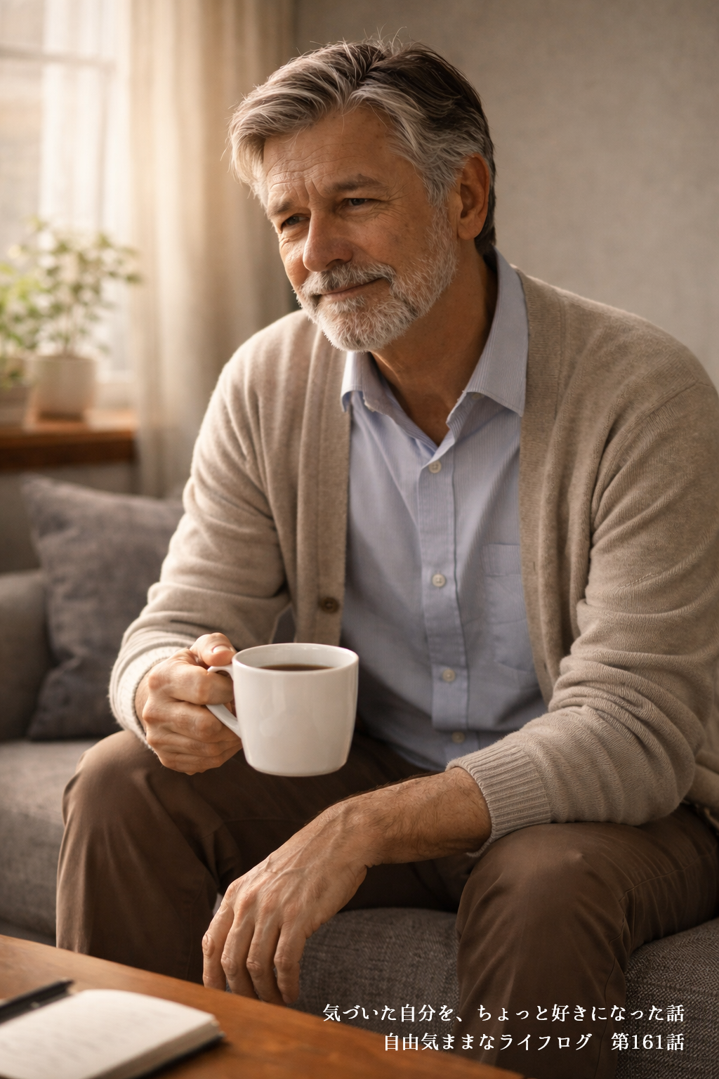 コーヒーを片手に穏やかに微笑む男性の姿、気づいた自分を受け入れているような表情