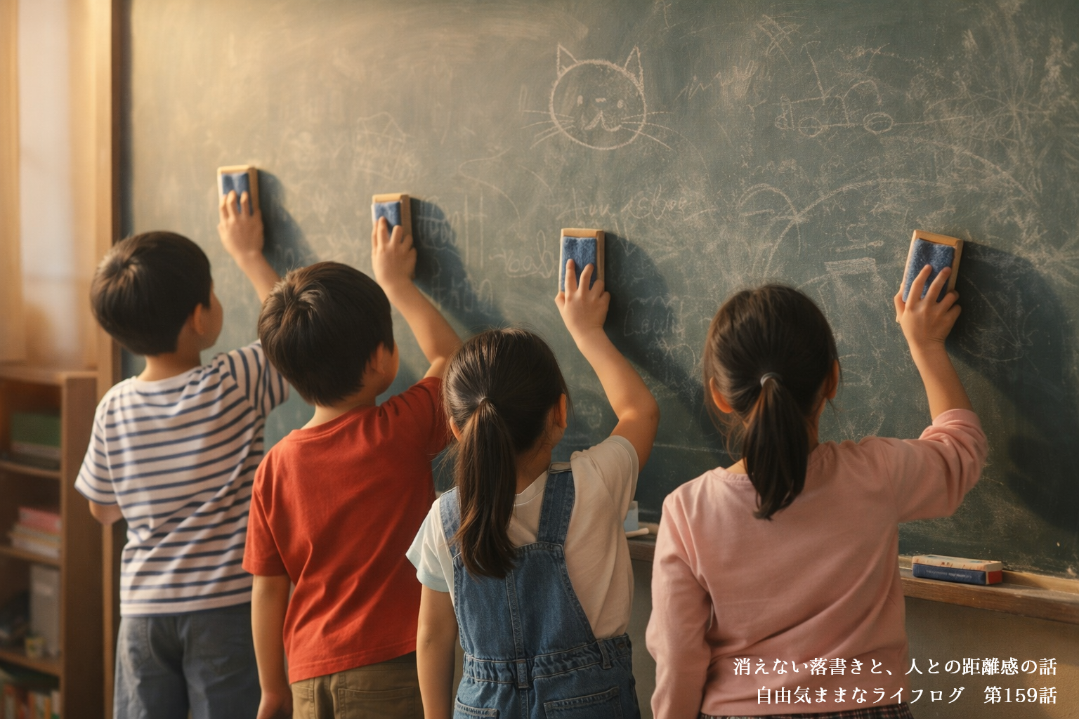 黒板の落書きを消そうとする子どもたちの後ろ姿と、うっすら残る消えない線
