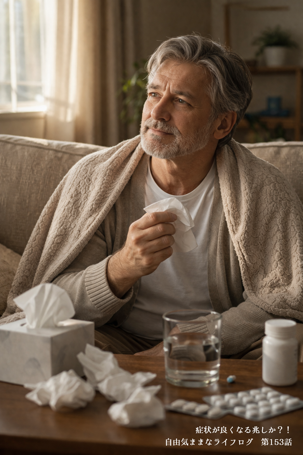 体調不良から少し回復しティッシュを手に安堵した表情を見せる男性の室内風景