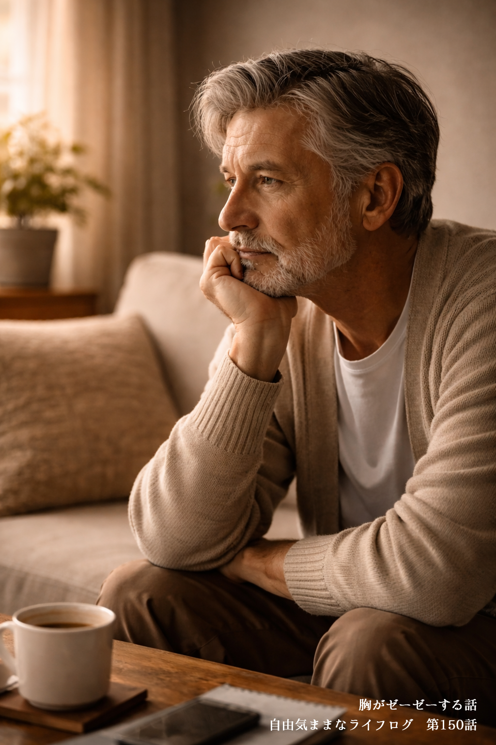 体調が優れずソファで静かに過ごす男性とコーヒーのある室内風景