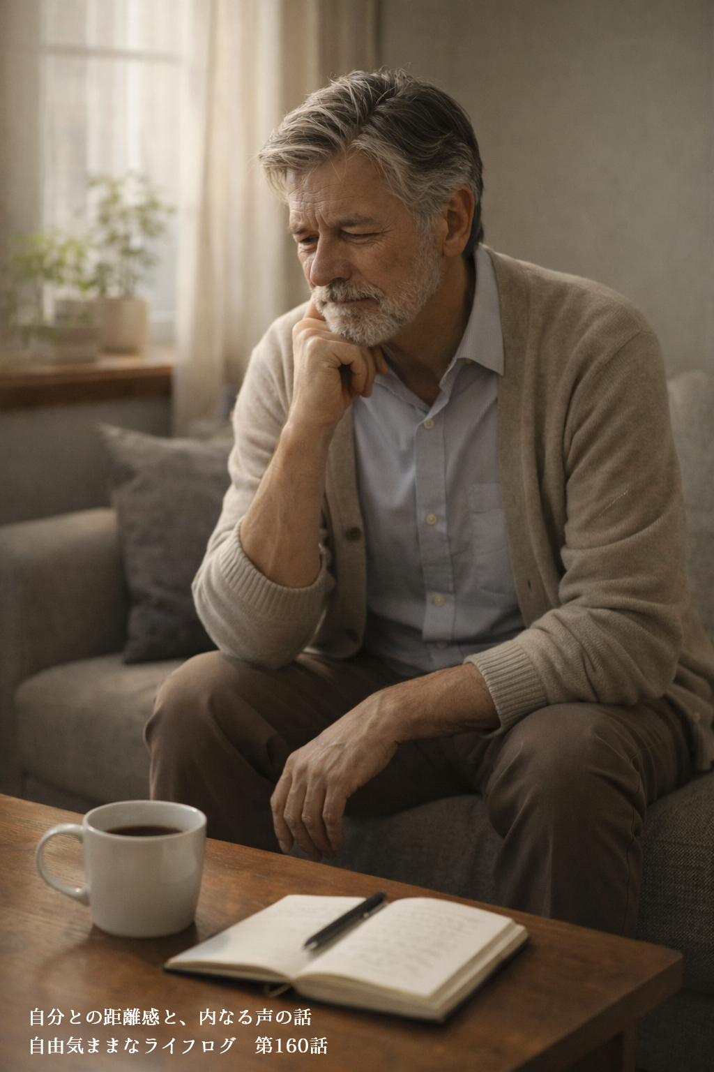 ソファに座りノートを前にして静かに考え込む男性の姿、自分との対話をしているような雰囲気