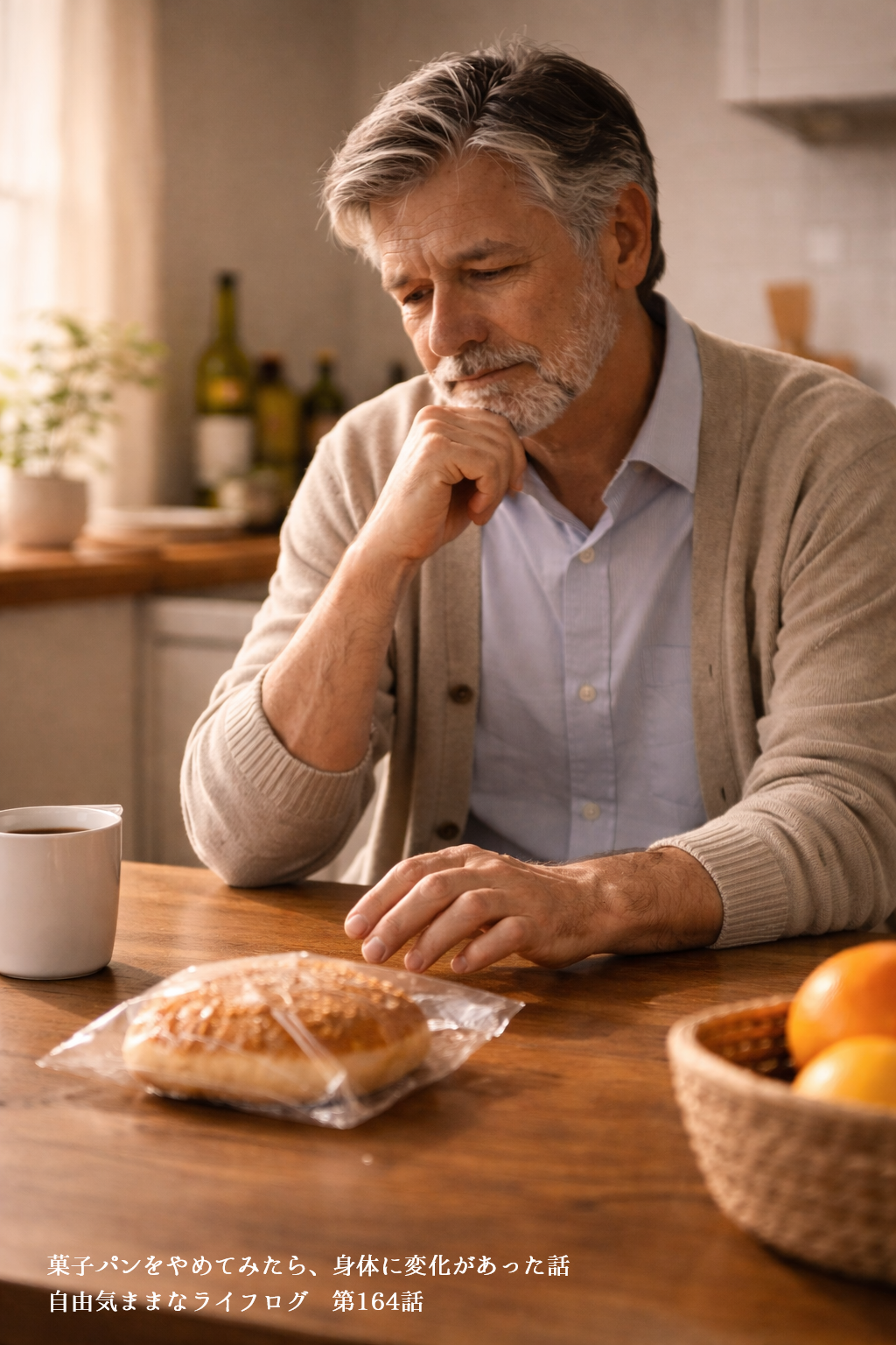 菓子パンを前にして手を伸ばすか迷う男性のキッチンでの様子
