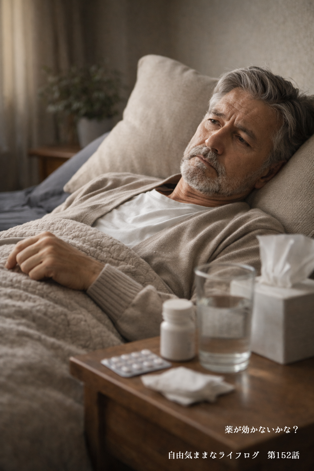 体調不良でベッドに横になり薬や水のコップが置かれた室内の様子