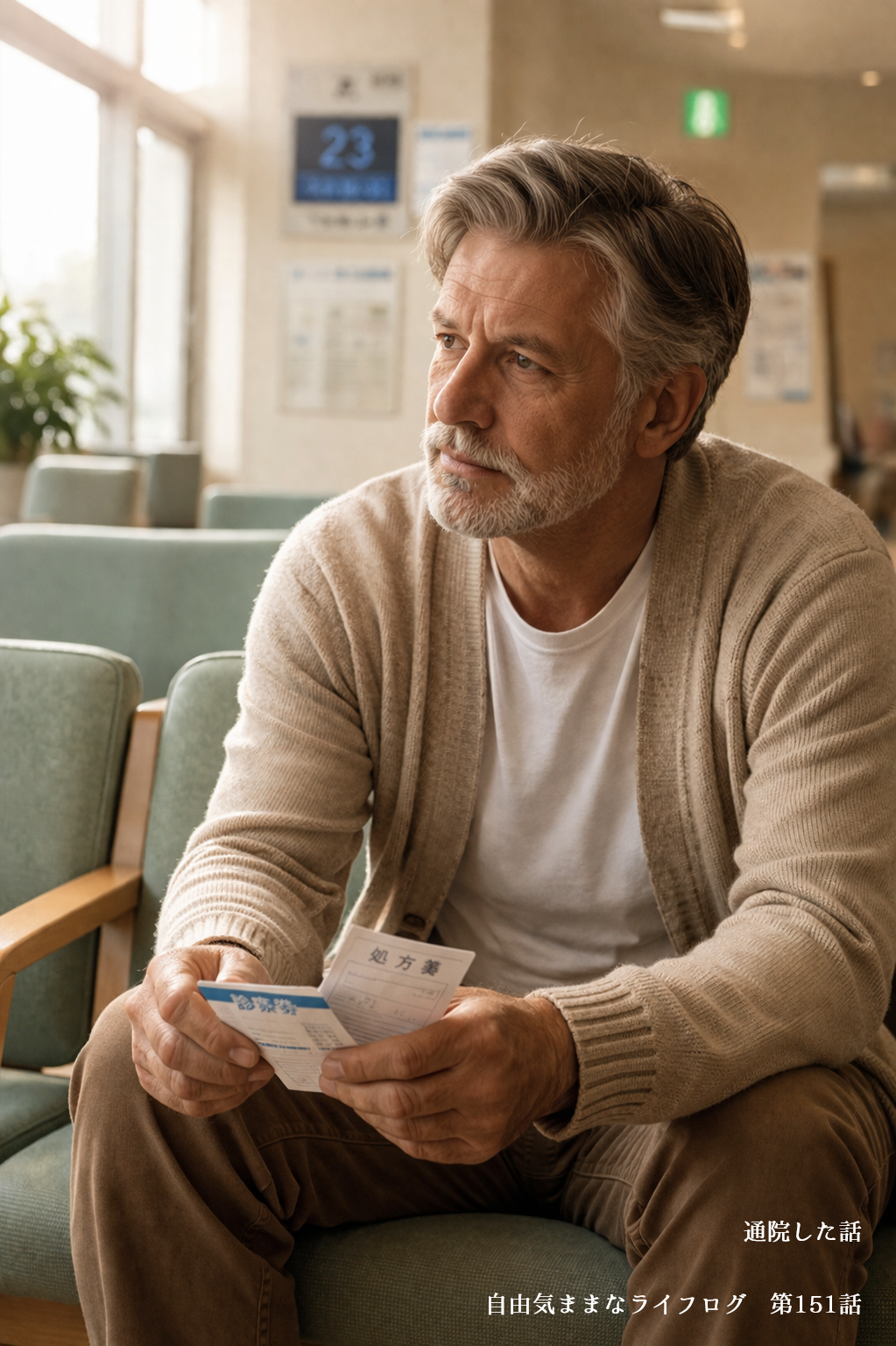 病院の待合室で診察券と処方箋を手に考え込む男性の様子