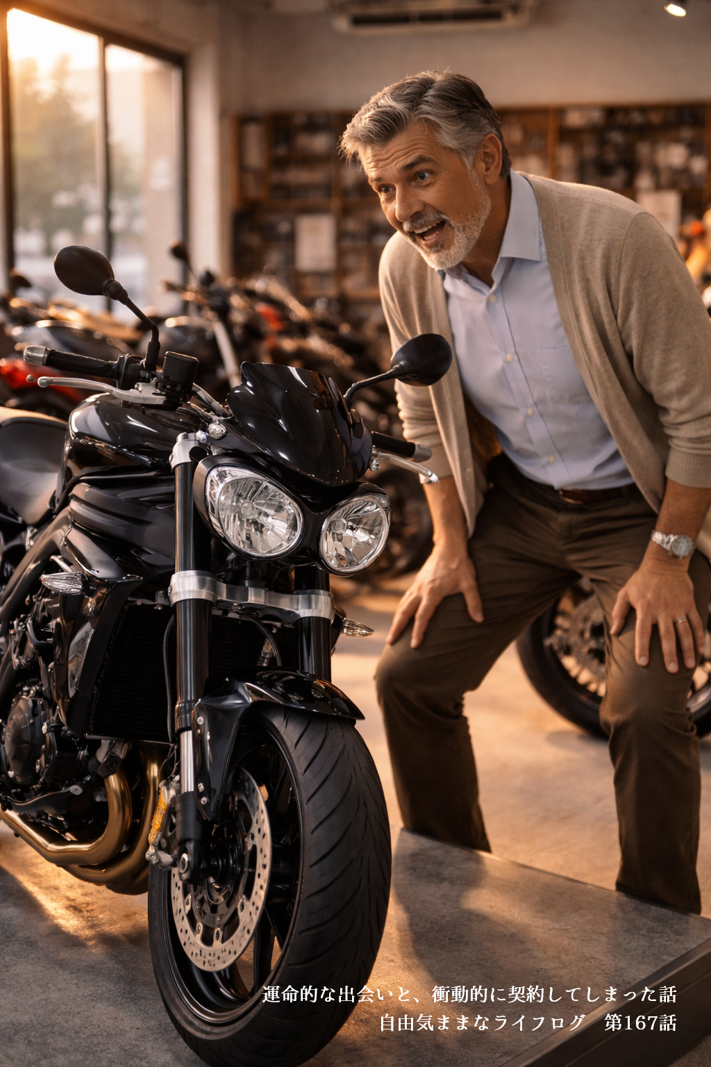 バイクショップで大型ネイキッドバイクを前に興奮した様子で見つめる男性