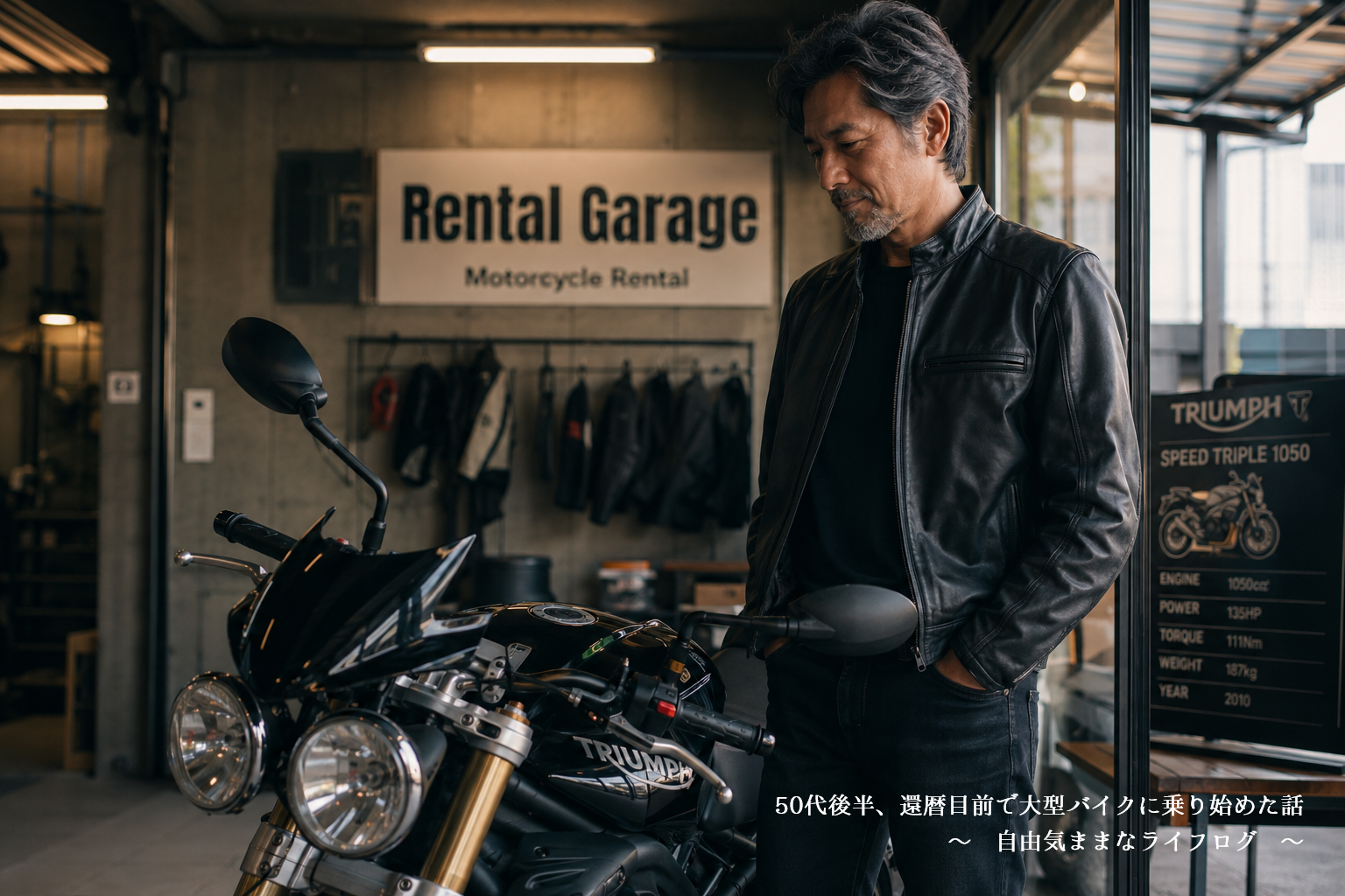 レンタルガレージで大型バイクと向き合う男性