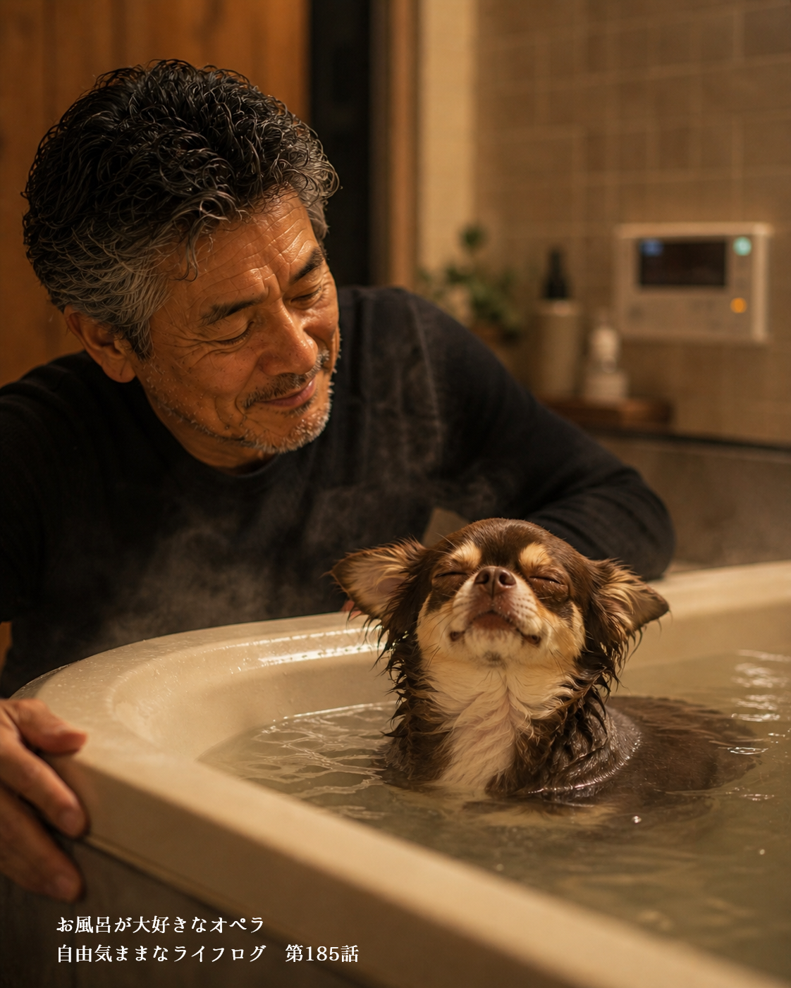 気持ちよさそうにお風呂に入るロングコートチワワ