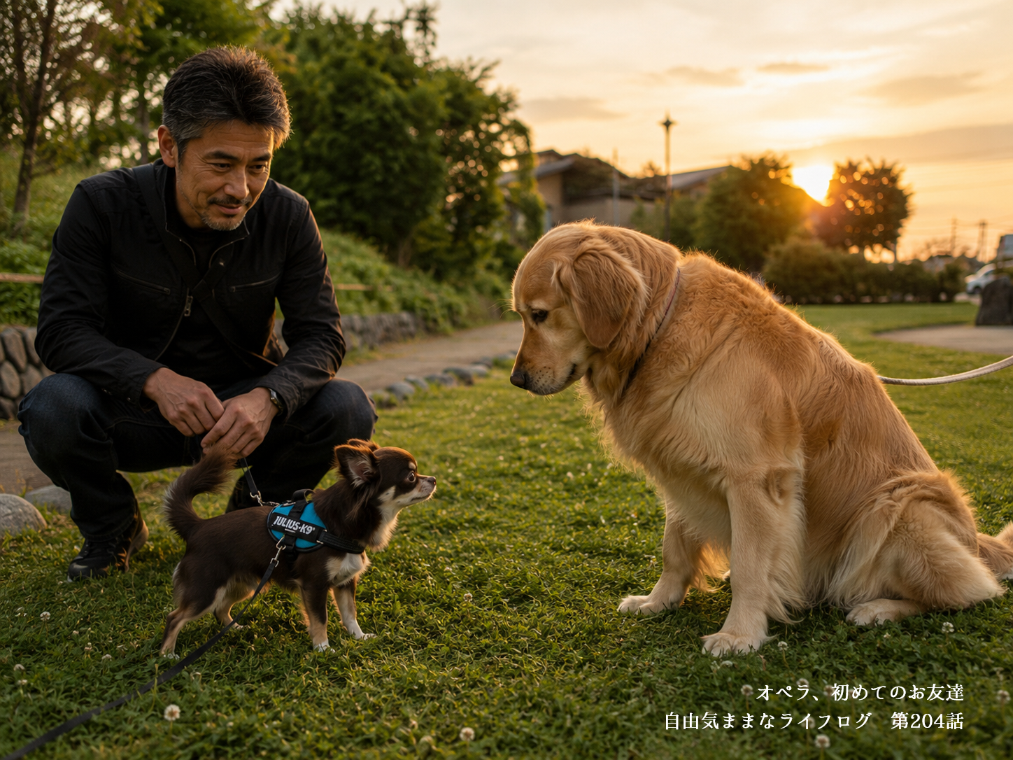 公園で初めて他の犬と交流するチワワのオペラ