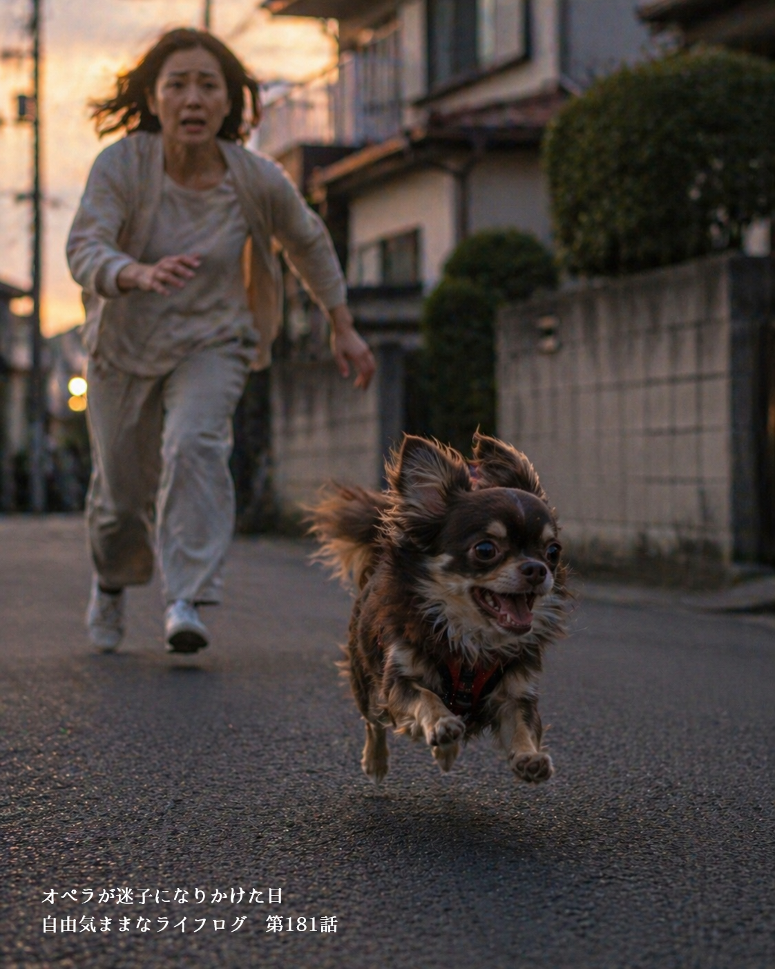 リードが外れて走り出した犬を追いかける飼い主の様子