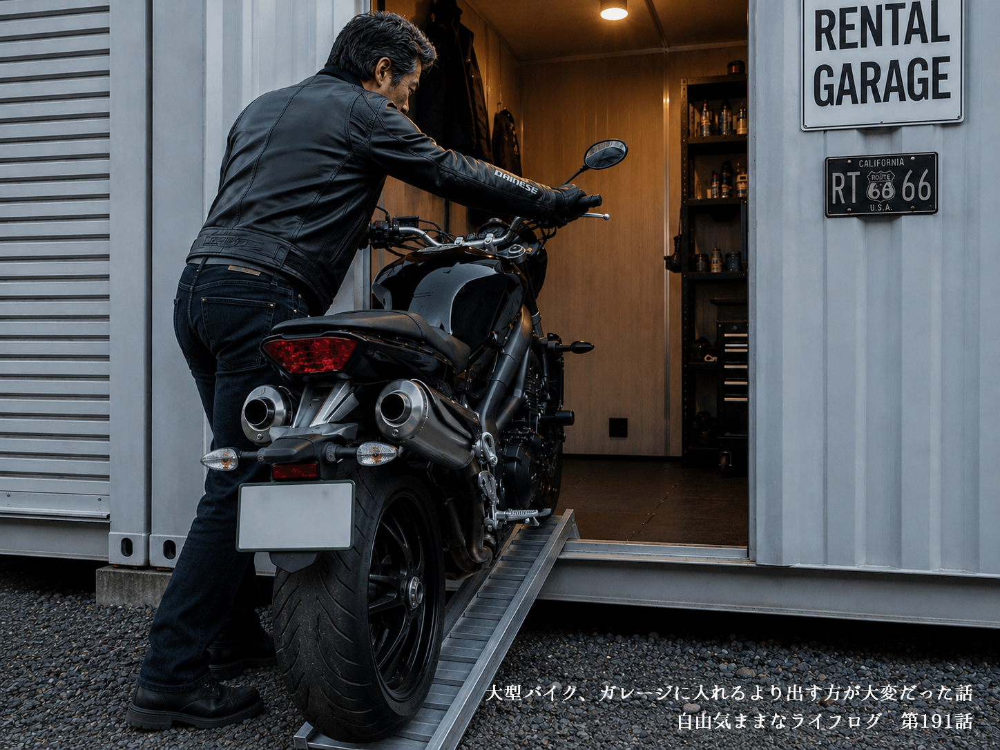 レンタルガレージから大型バイクを慎重に出そうとする男性