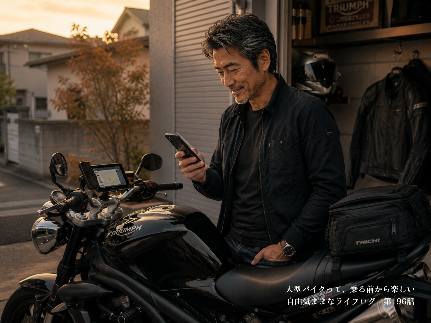 大型バイク用品を比較しながら秋ツーリングを想像する50代ライダー