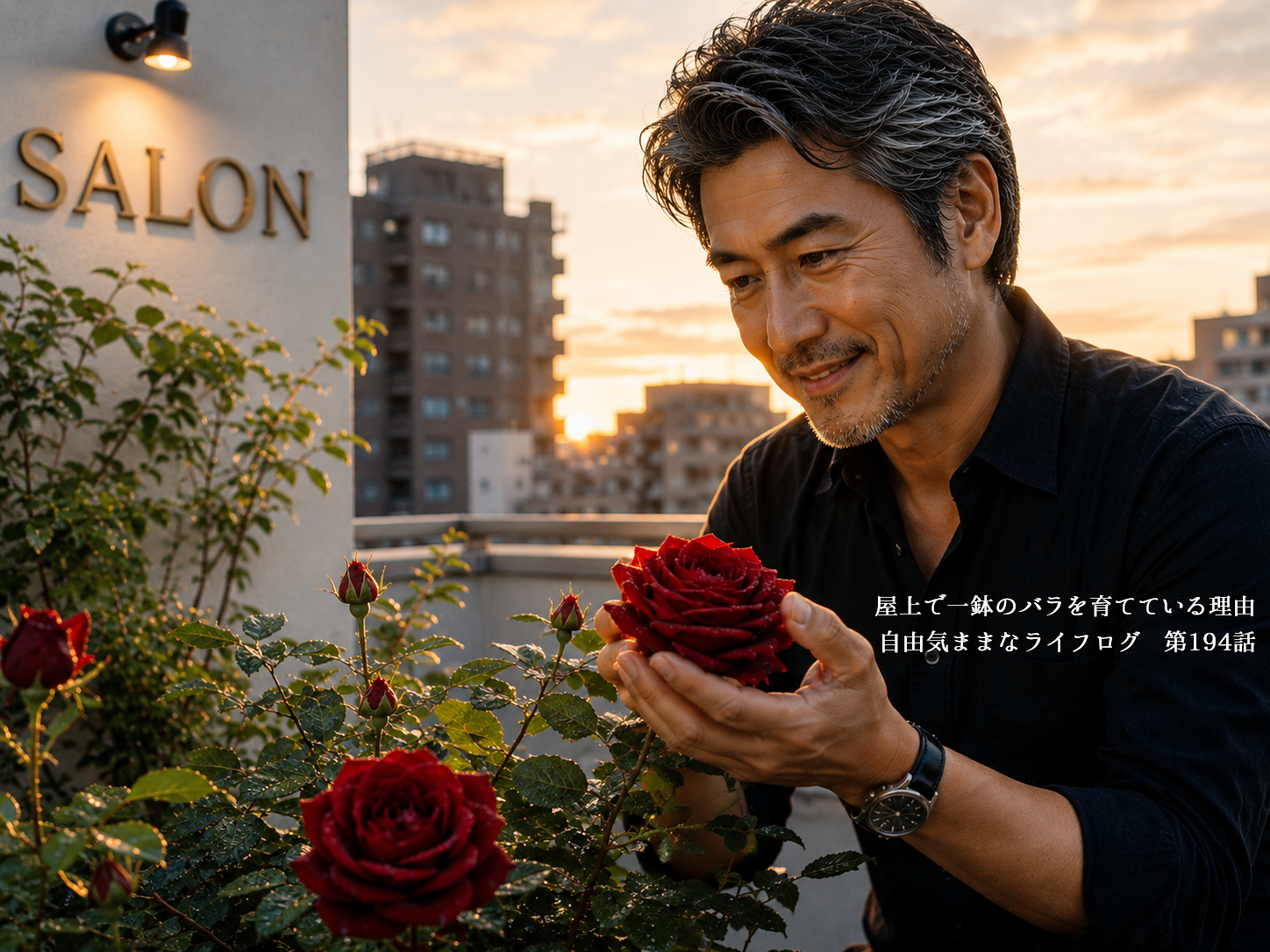 美容室の屋上で深紅のバラを育てる50代男性
