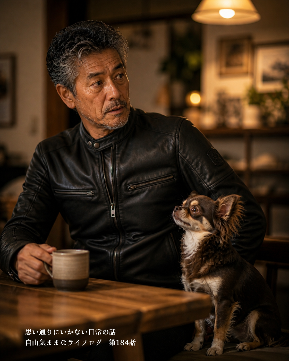少しきついジャケットと犬とコーヒーに囲まれて考え込む男性