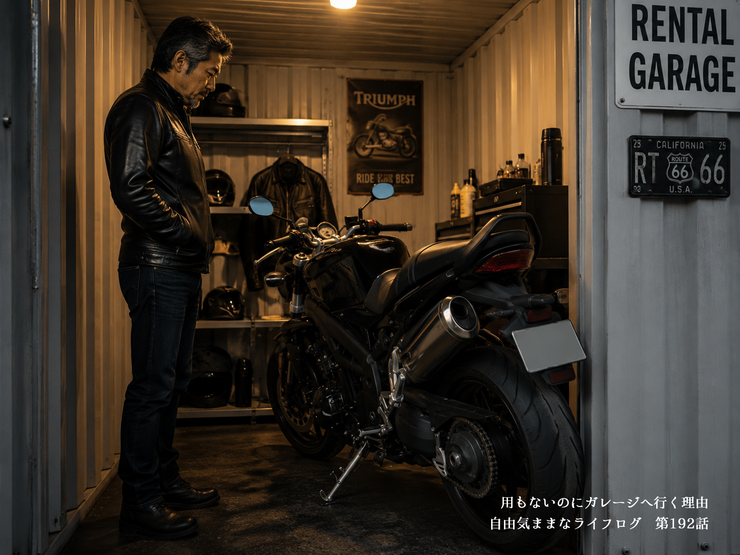 レンタルガレージで大型バイクを静かに見つめる男性