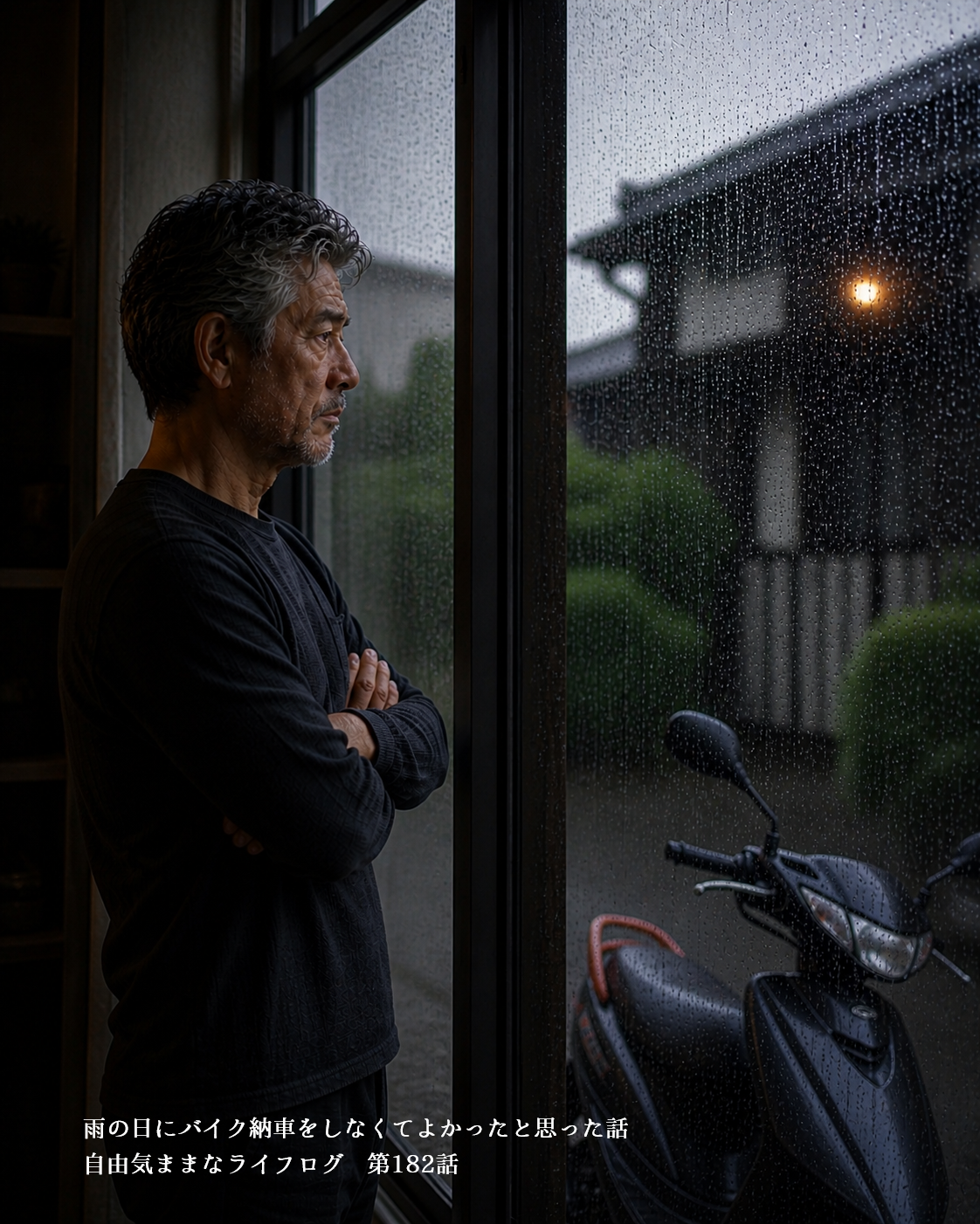 雨の外を見ながらバイク納車日を考える男性の様子