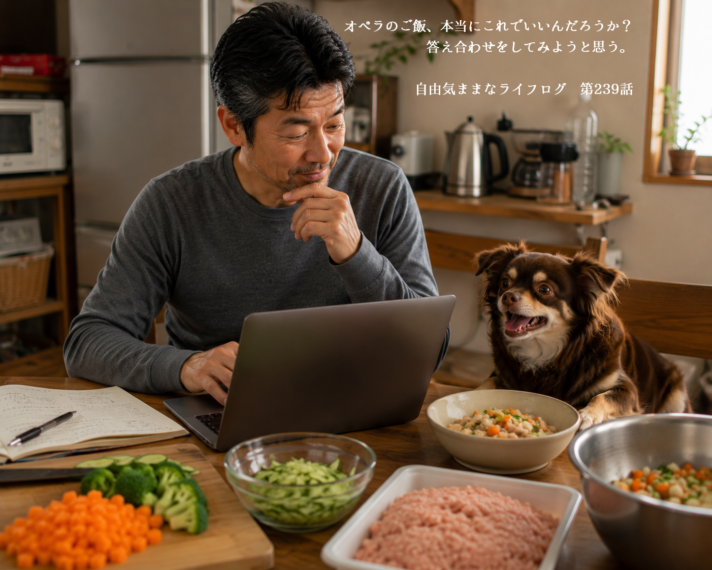 手作りご飯を見つめながら犬の栄養学を学ぼうと考える飼い主とオペラ