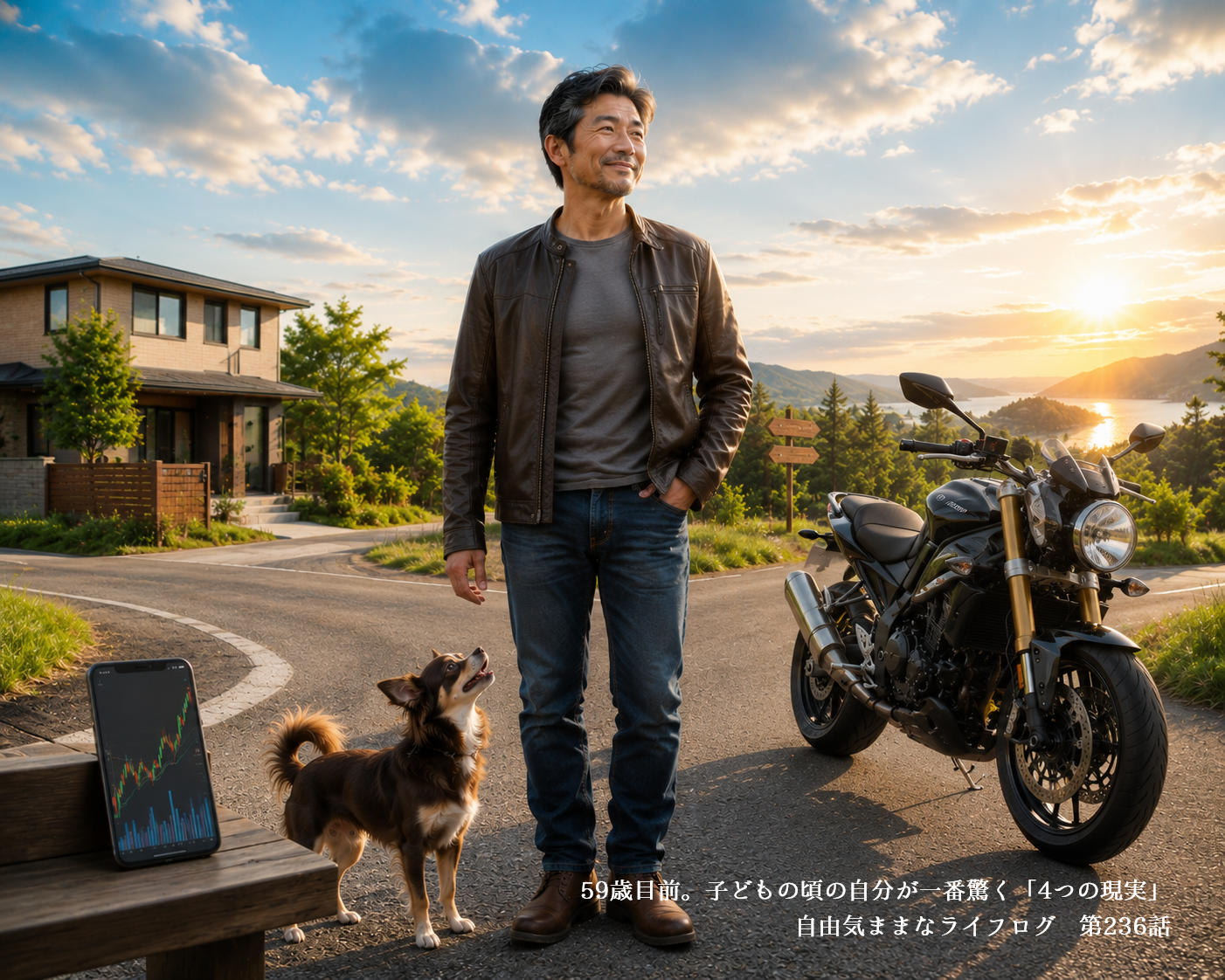 59歳目前で人生を振り返る男性と、住宅・投資・愛犬・大型バイクを象徴したイメージ