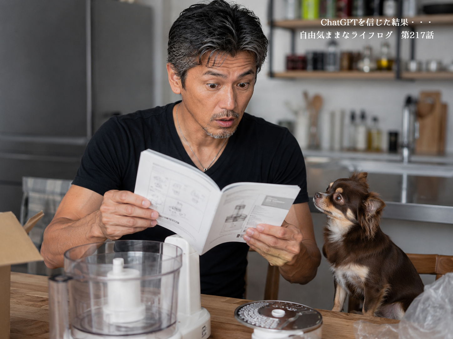 フードプロセッサーの説明書を見て絶句する飼い主とチワワのオペラ